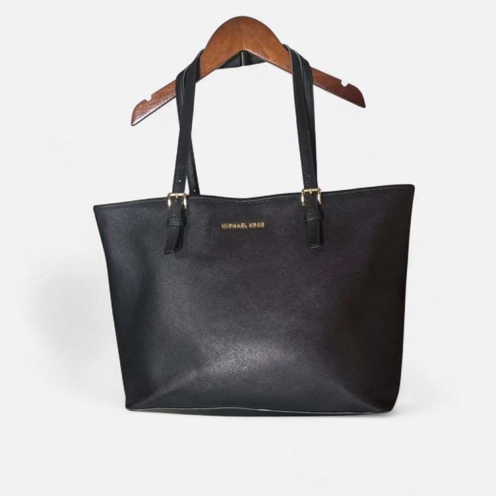 Michael Kors Jet Set Black Saffiano Leather Tote Bag Medium Shoulder Purse